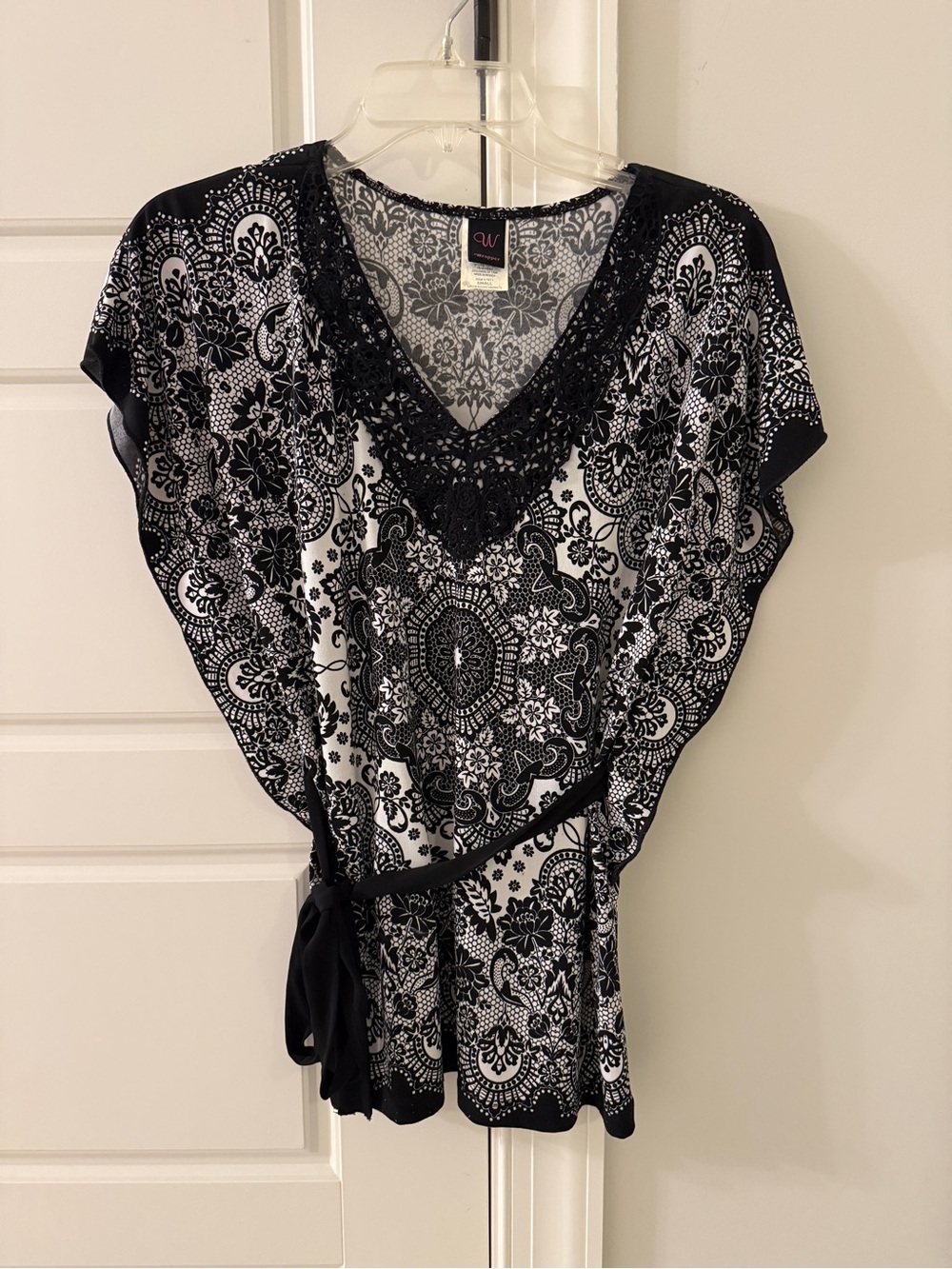 Wrapper Black & White Lace-Trim V-Neck Tunic
